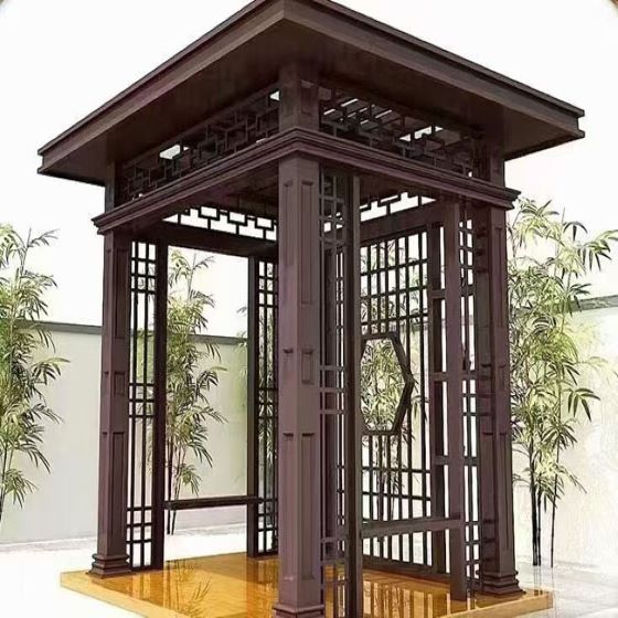 北京园林观赏仿木纹六角亭子休闲中式长廊复古四角铝合金凉亭