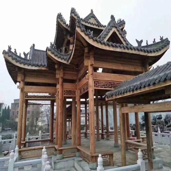 北京中式铝合金灰色防护栏杆铝艺美人靠木纹仿古别墅长廊寺庙凉亭装饰案例